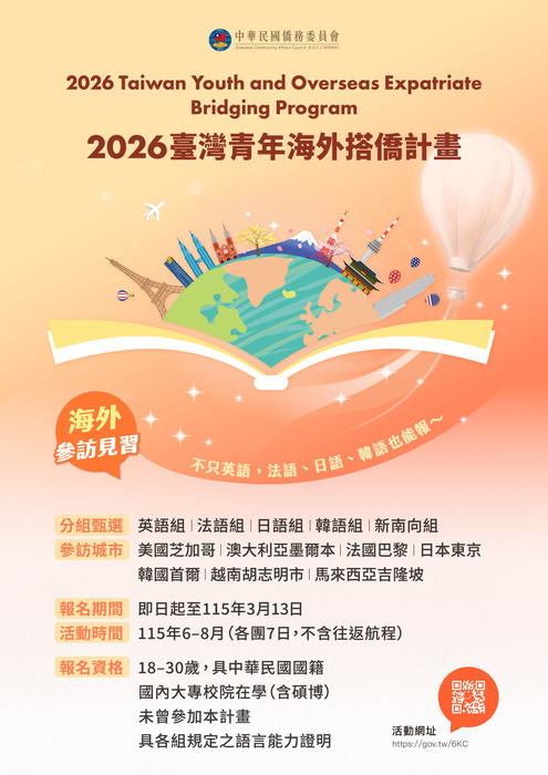 【轉知】僑委會​有關115年臺灣青年海外搭僑計畫報名日期展延事宜圖片