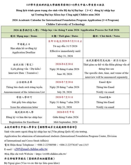 【國際專修部】致理科技大學115學年度國際專修部招生簡章 Hướng dẫn tuyển sinh hệ Dự bị Đại học 1+4 trường Đại học Khoa học Công Nghệ Chihlee năm 2026圖片